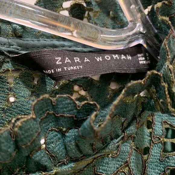 ZARA green jewel tone lace midi high neck holiday party dress small - Picture 8 of 16